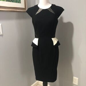 Cue Women’s Black, White, Gray Cap Sleeve Peplum Lined Midi Pencil Dress Sz 4